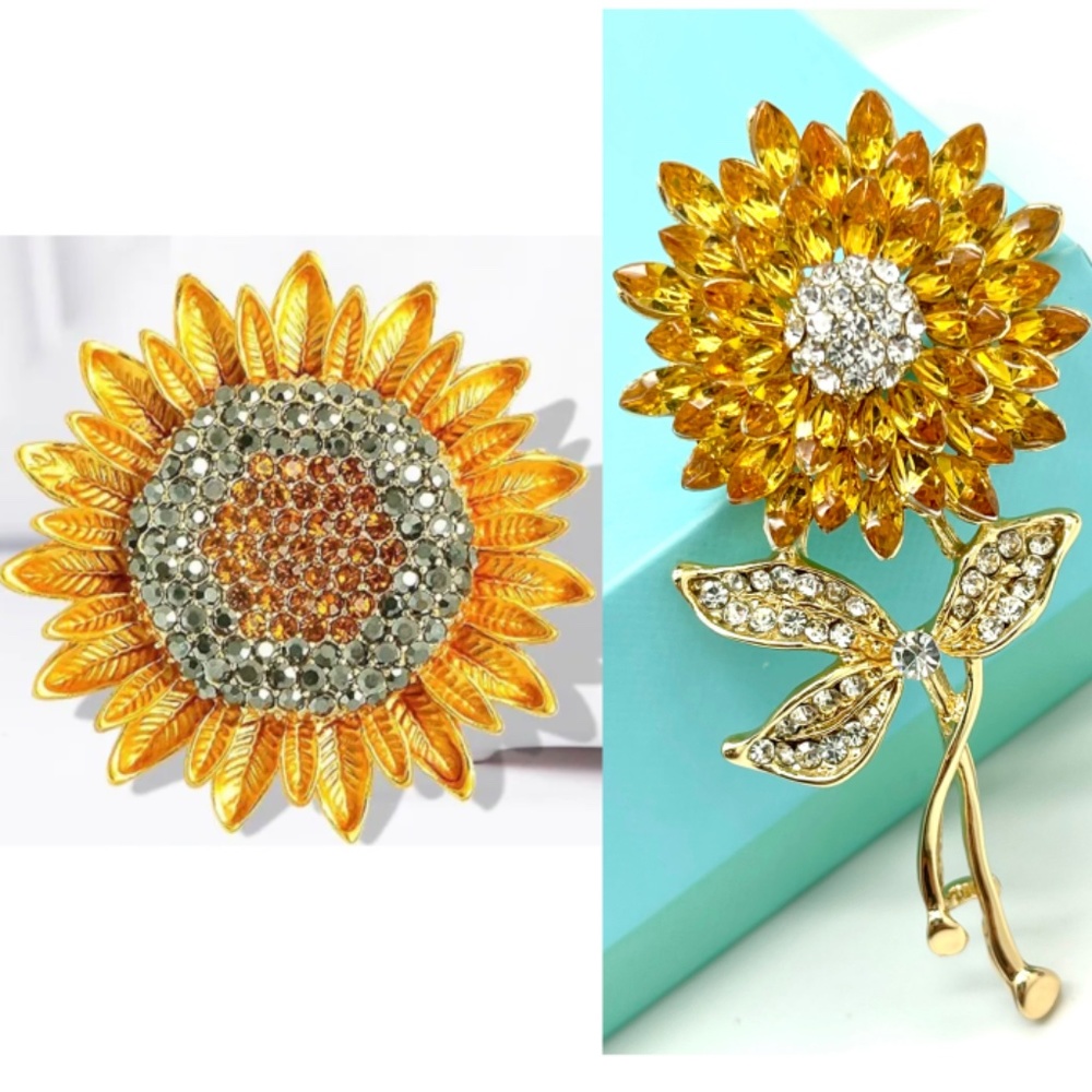 2 x Sunflower brooches sunflower pins rhinestone sunflower brooch